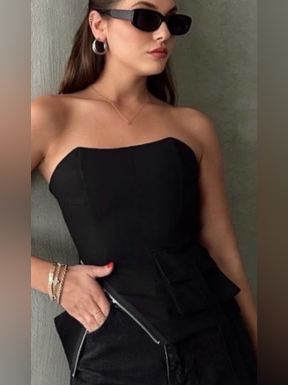 🖤 Concert Ready! Zara Strapless Zipper and Pocket Bustier Corset Top Black Sz M